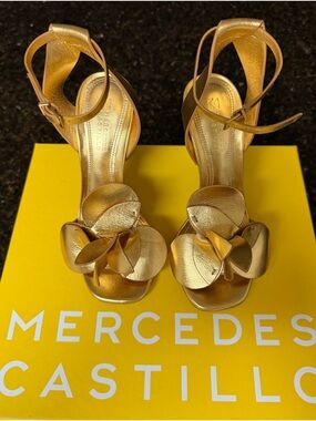MERCEDES CASTILLO Metallic Gold Floral Ankle-Strap Heels